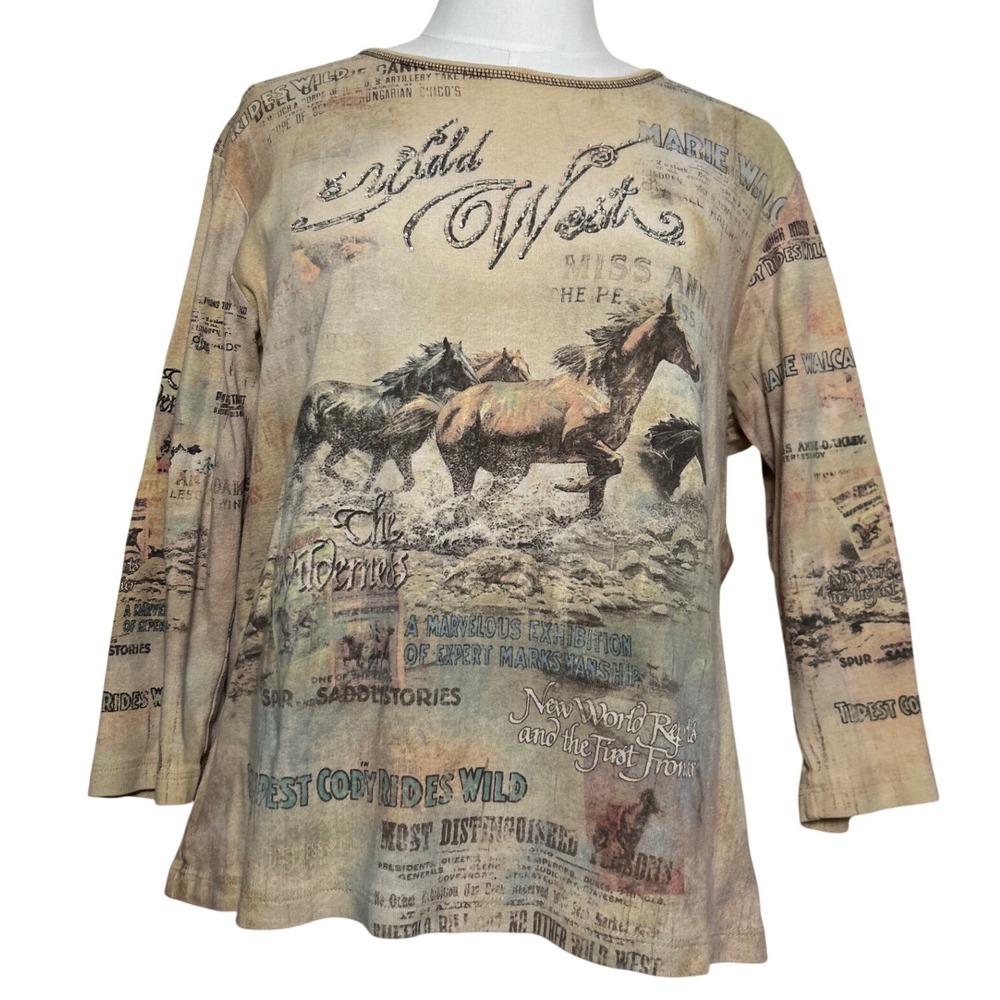 VTG Y2K Wild West Horse‎ Print Rhinestone Euro Cotton Long Sleeve Top Tan Brown